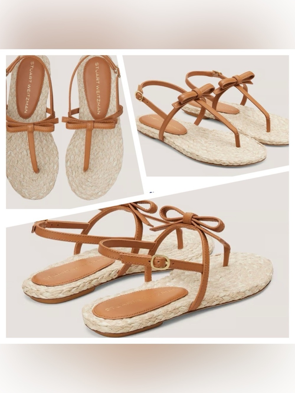Stuart Weitzman Cognac Leather Bow Espadrille Thong Sandals FELICITY size 8